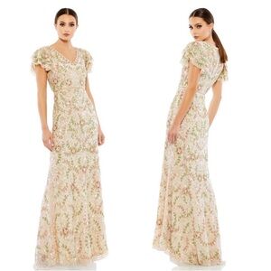 Mac Duggal 10772 Embellished Ruffled Cap Sleeve V-Neck Gown Nude Multi